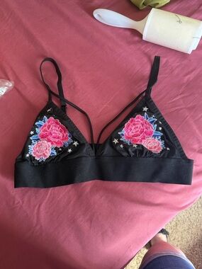 PINK Victoria's Secret Black Bralette with Pink Rose Embroidery